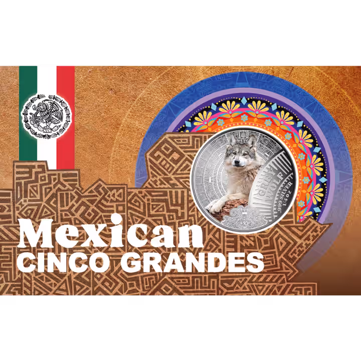 Grey Wolf silver coin in its Mexican Cinco Grandes card