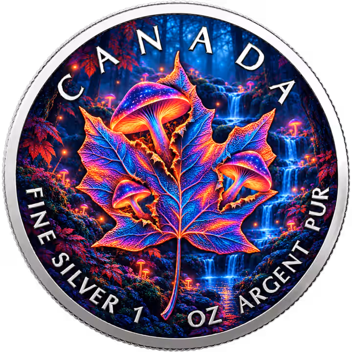Colorful mushrooms and maple leaf on the enhanced silver coin