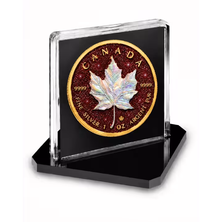 Pearl Radiance Ruby maple-leaf design displayed in its square capsule