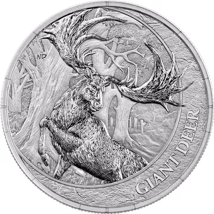 Giant deer and broad antlers on the Megafauna silver coin