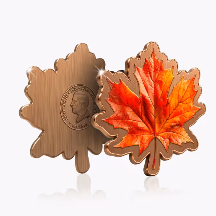 Autumn-colored maple leaf shaped collectible coin