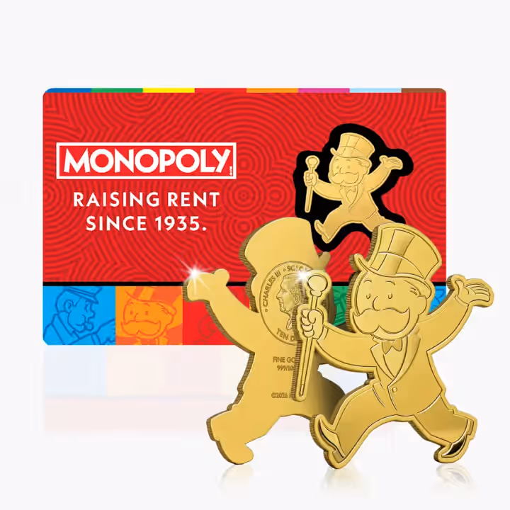 Monopoly Man shaped gold coin and its themed presentation card