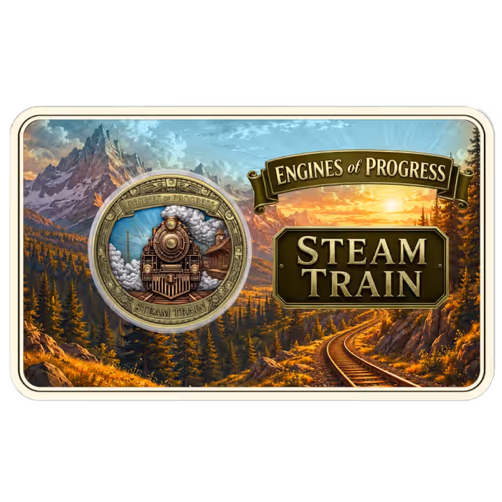 Steam Train coin in its Engines of Progress mountain-scene card