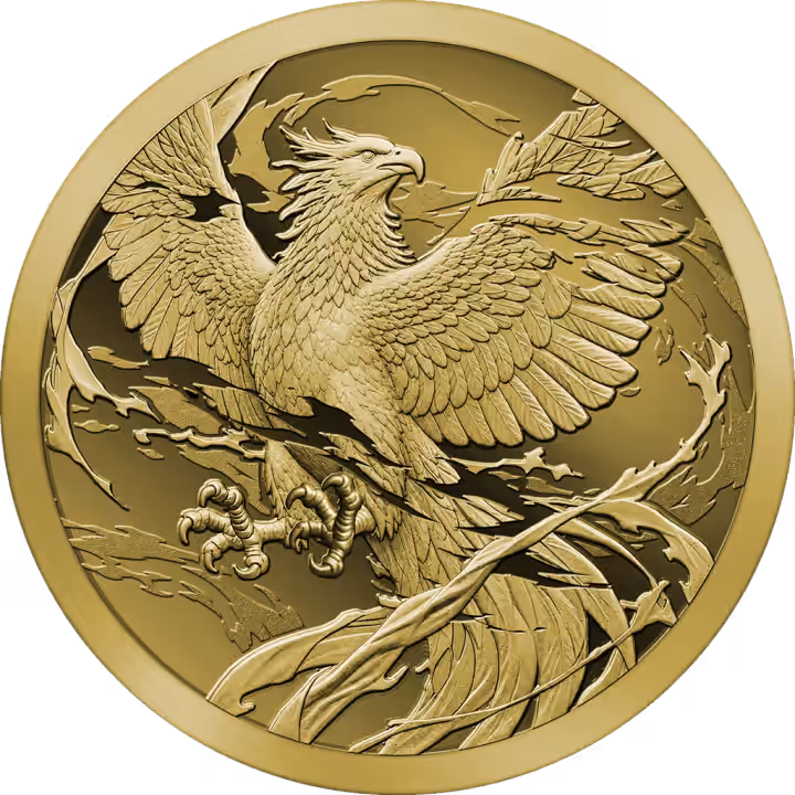 Phoenix with spread wings on the small gold coin