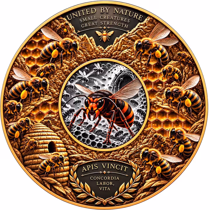 The Bees and the Hornet medal with golden-toned honeybees surrounding the central hornet silver insert