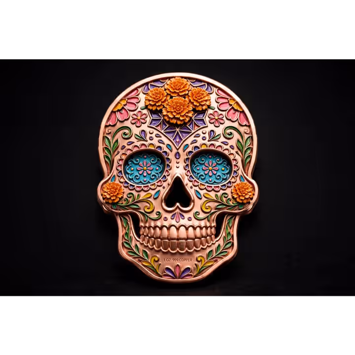 Colorful Marigold Sugar Skull copper medal with floral details