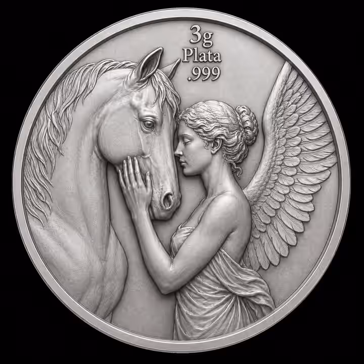 Caballito Libertad silver medal with a horse beside a draped winged figure and the visible 3 g silver inscription
