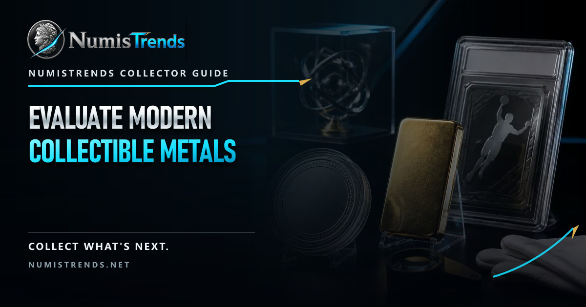 NumisTrends editorial card for evaluating modern collectible metals with generic coins, bullion, and display pieces
