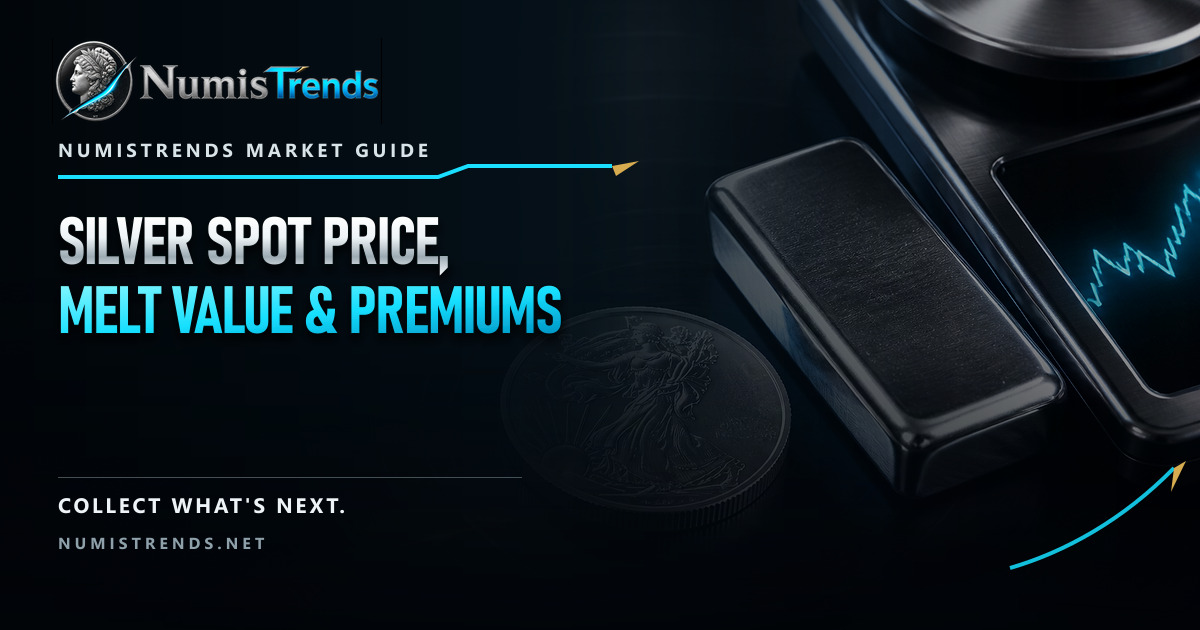 NumisTrends editorial card for the silver spot price guide with generic silver, a bullion bar, and market-chart details