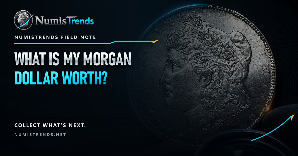 NumisTrends editorial card for the Morgan dollar value article with a silver-dollar portrait study and cyan market accents