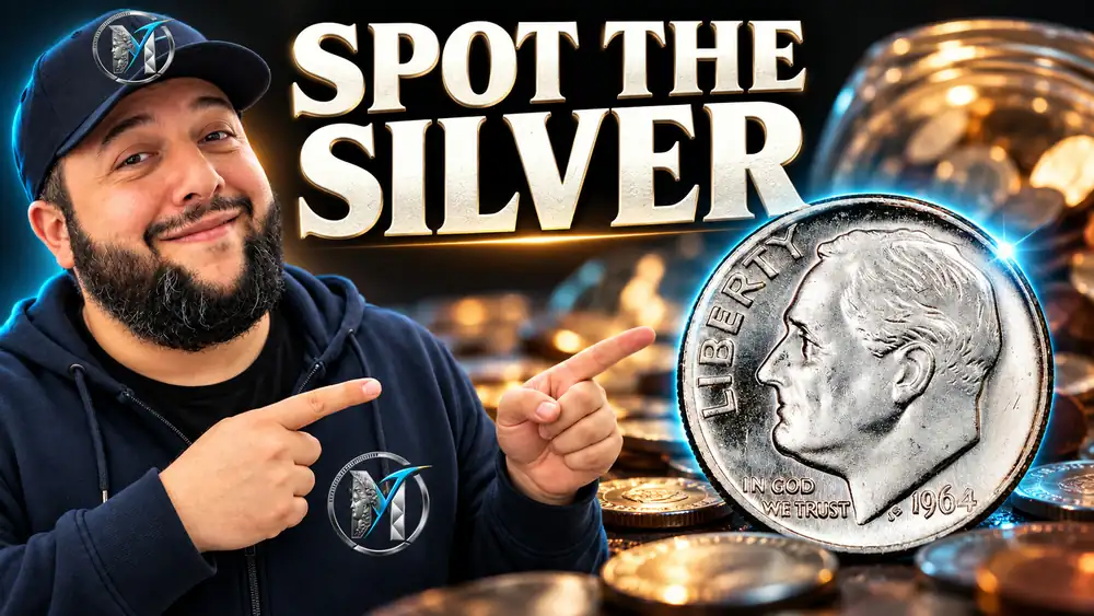 NumisTrends host points toward a 1964 Roosevelt dime beside the words Spot the Silver.